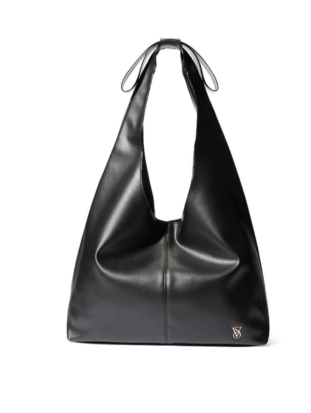 Victoria's Secret Black Leather Hobo Shoulder Bag with Metal Logo